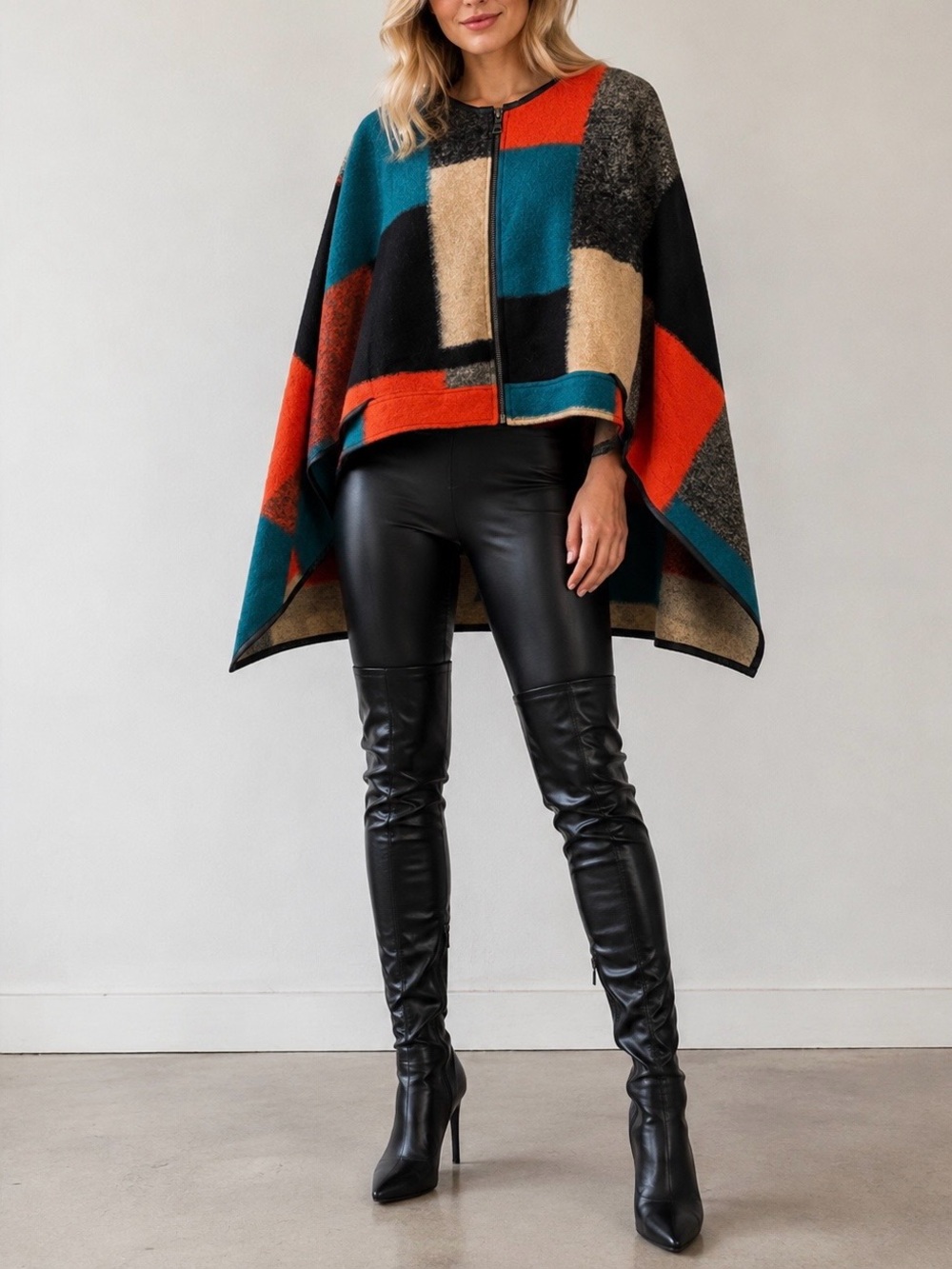 BCBGMAXAZRIA Poncho Cape Walker Color Block Medium Large Wool Blend Boho Chic